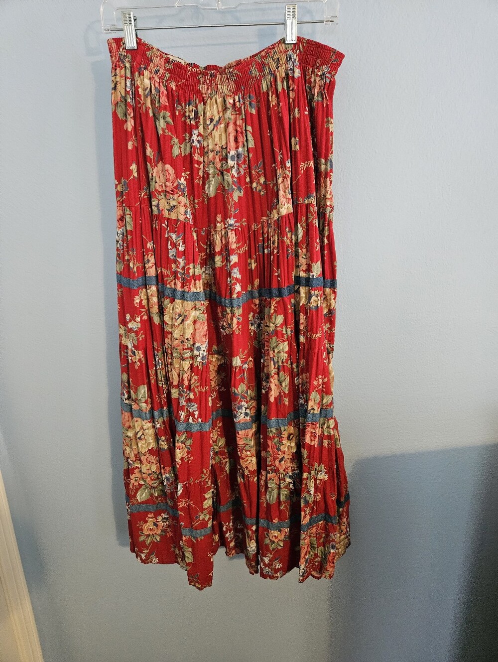 Koret Red Floral Tiered Maxi Skirt with Blue Accent